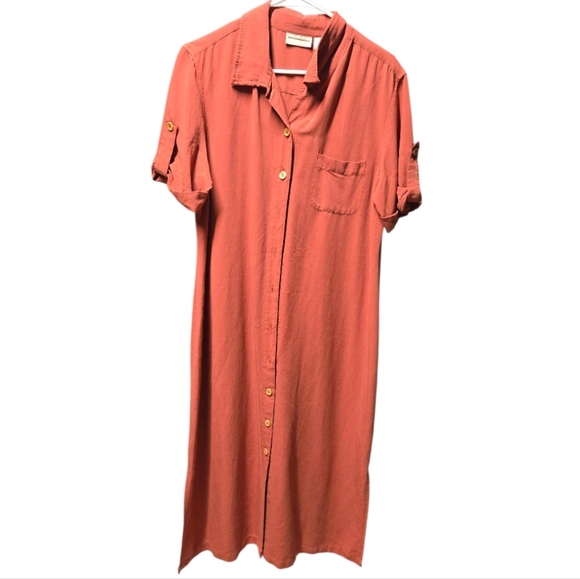 Rust Linen Blend Midi Dress Collared Button Front Short Sleeve 16 Casual Boho - Picture 2 of 7